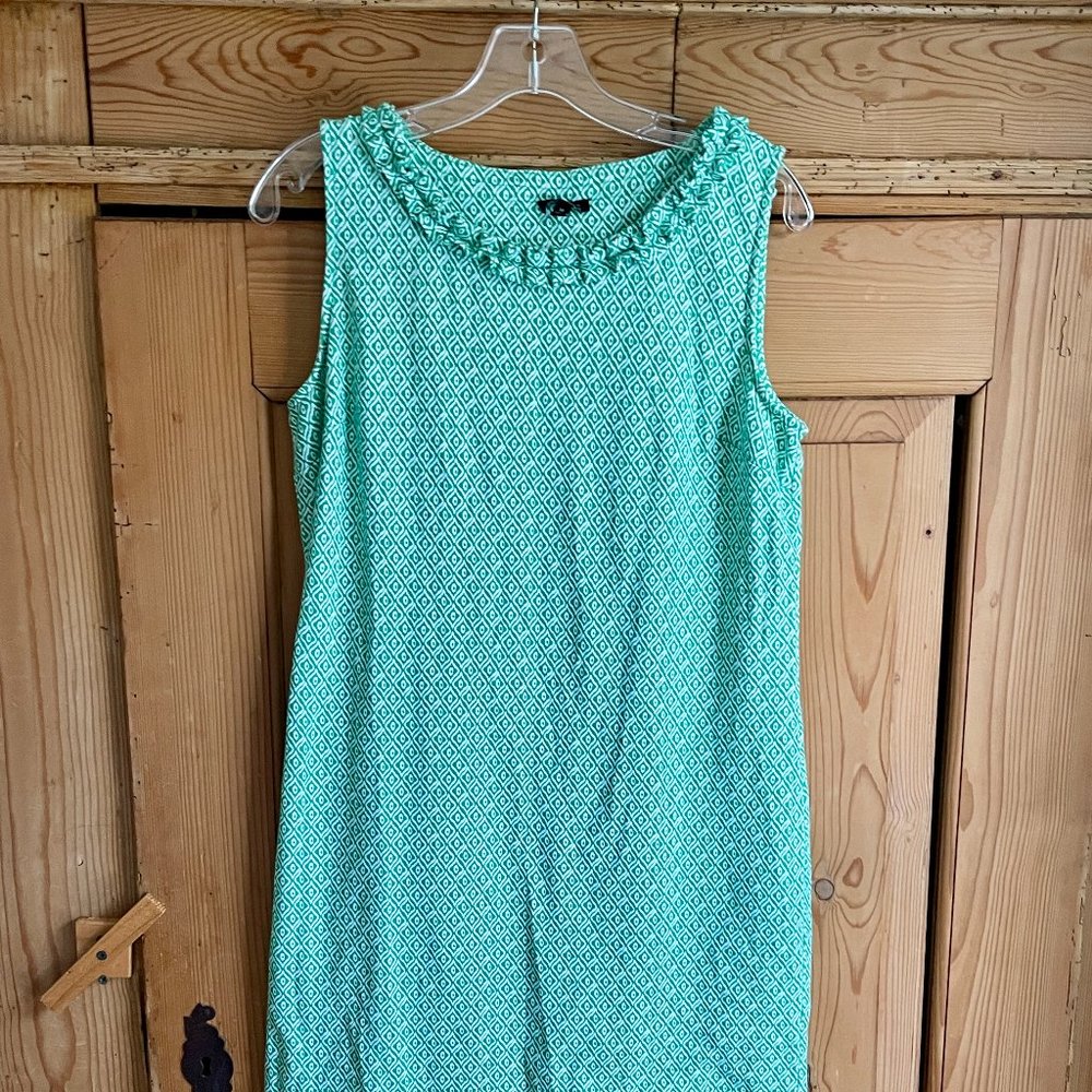 Talbots green & white jersey ruffle neck sleeveless sundress, size M
